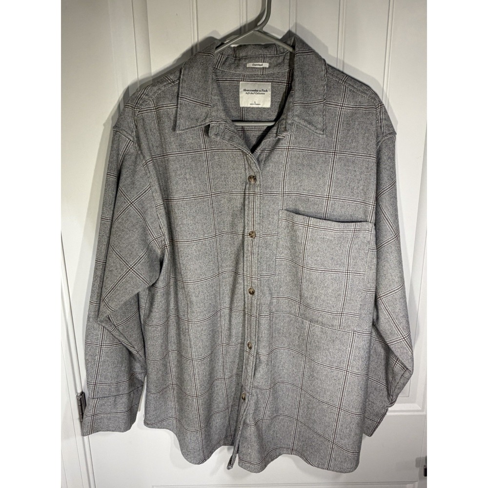 Abercrombie & Fitch Oversized Plaid Button Up Shirt Gray‎ Brown Women's Large